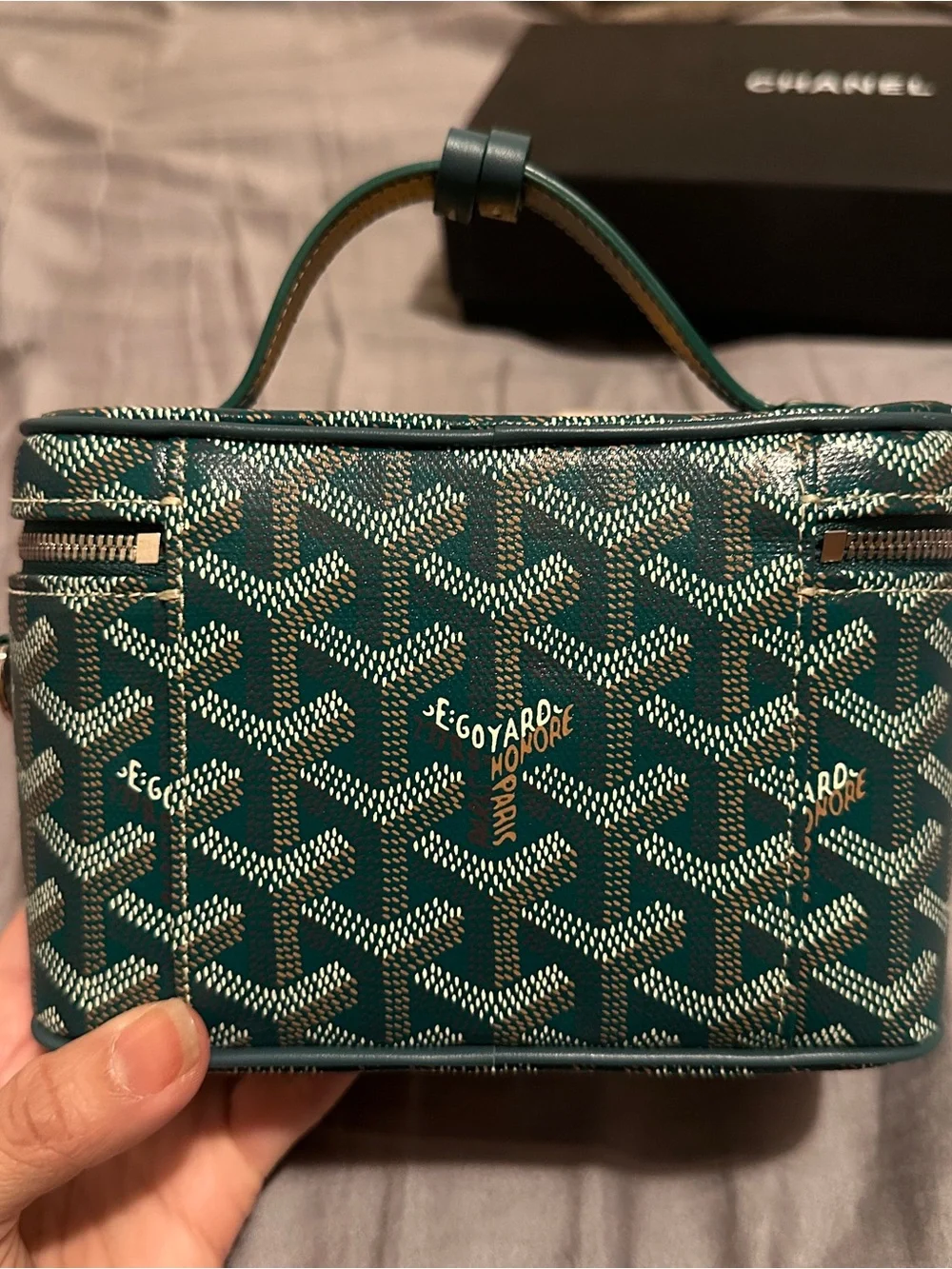 Goyard Mini Green Coated Canvas Vanity Muse Case with Removable Strap